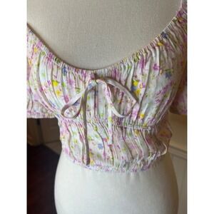 Elodie Floral Puff Sleeve Crop Top Sweetheart Neck Cottagecore Pink White NWT XS